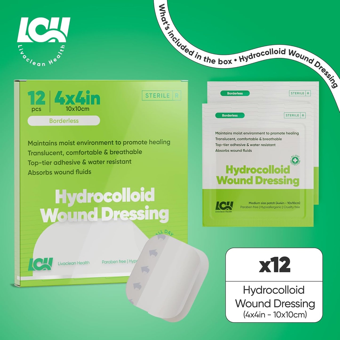 12 CT 4" x 4" Hydrocolloid Bandages Large - Sterile Colloidal Bandages - Adhesive Hydrocolloid Wound Dressing - Individually Packed Extra Large Patches for Wounds, Blisters and Bed Sores