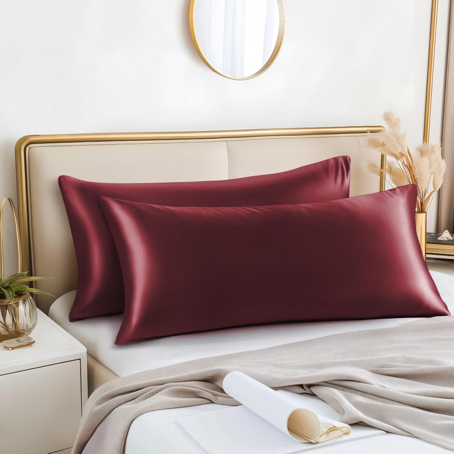 BEDELITE Satin Body Pillow Cover 2 Pack, Super Soft and Cooling Body Pillow Pillowcase for Hair and Skin, Breathable Silky Full Long Pillowcase Cover(20"x54", Burgundy)