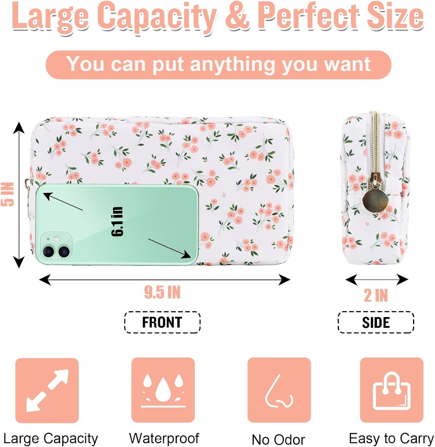 Nylon Small Floral Makeup Bag for Purse, Cute Preppy Travel Makeup Bag Flower Cosmetic Zipper Pouch Purse, Waterproof Toiletry Bag Make Up Organizer Storage Travel Essentials for Women(White-Floral)