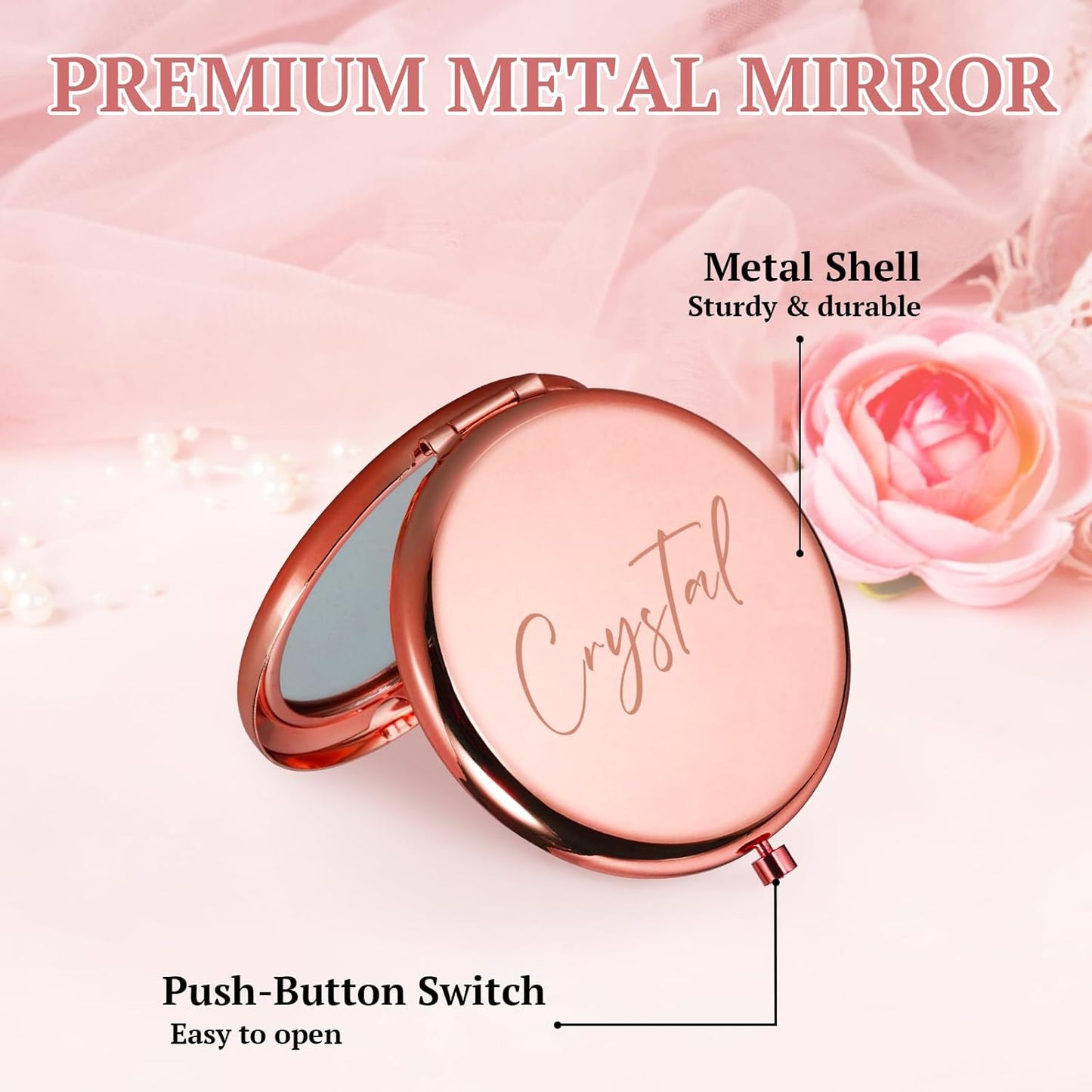 Personalized Compact Mirror for Women Girls, Pocket Mirror for Purse, Custom Name Travel Makeup Mirrors Handheld Small Mirrors Gifts for Daughter Mom Grandma Bridesmaid Friends, Bridal Shower Gifts