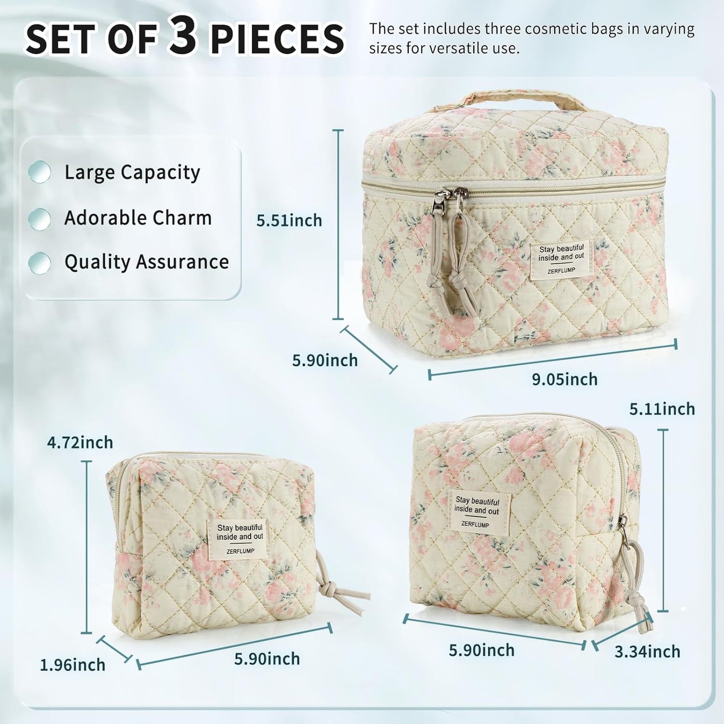 Cute Quilted Floral Makeup Bag(3Pcs)，Coquette Aesthetic Cosmetic Bag，Travel Toiletry Bags， Kawaii Aesthetic pouch for Women (3 - Pink Flower)