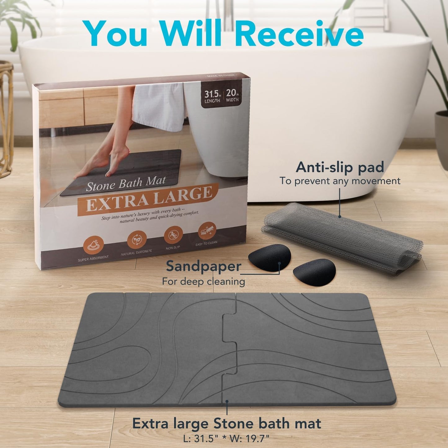 32 * 20 Large Stone Bath Mat for Bathroom Quick Dry Diatomaceous Earth Bath Mat, Non Slip Magic Absorbent Bathroom Floor Shower Mat Water Absorbing Diatomite Stone Dying Bathmat Grey