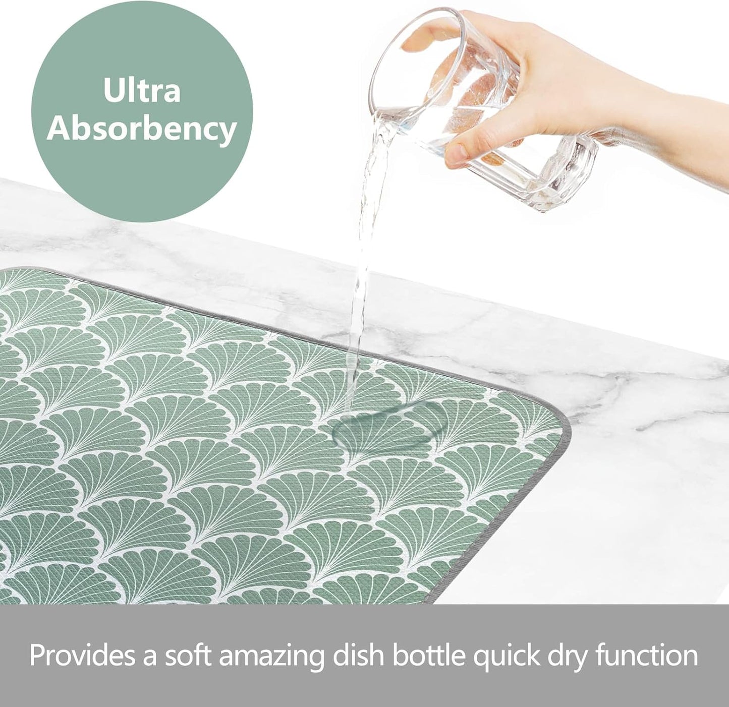 SHIYUE Dish Drying Mat for Kitchen Counter Super Absorbent Spring Kitchen Decor Microfiber Drying Matainers Rack Fast Pad Dish Drainer Mats(Green Shell Geometric,16''x18'')