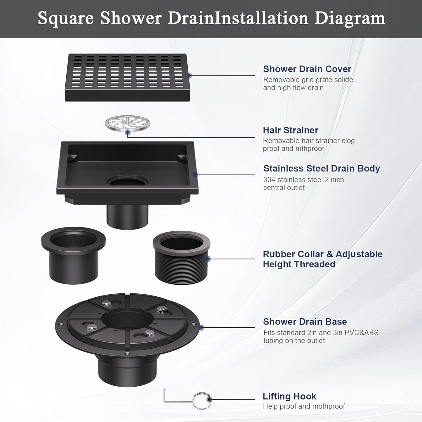 Square Shower Floor Drain with Flange, 4 Inch Matte Black Shower Drain Hair Catcher, SUS304 Stainless Steel Floor Drain Strainer, Shower Drain Cover