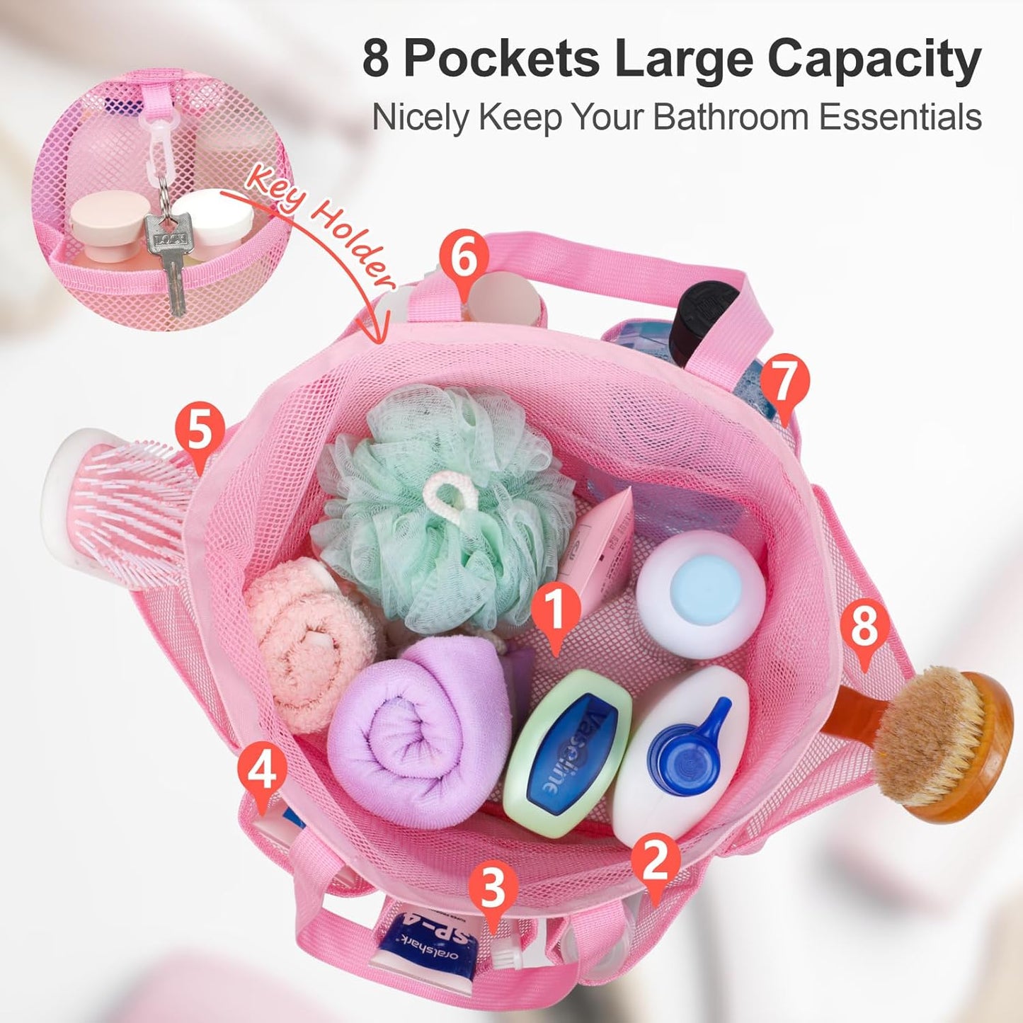 F-color Mesh Shower Caddy Portable with Drawstring - Upgrade Deeper 7 Pockets Dorm Room Essentials for Guys Girls with S Hook, Shower Bag Basket Tote for College Camping Toiletry Bathroom, Pink