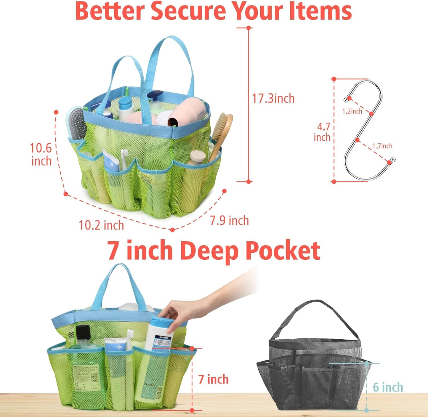 F-color Mesh Shower Caddy Portable, Upgrade Deeper 7 Pockets Shower Bag Basket Bag Tote for College Dorm Room Toiletry Bathroom Essentials Gym Camp Quick Dry 2 handles with S Hook