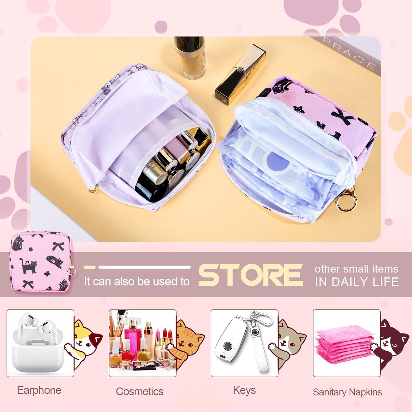 Tampon Holder for Purse, Canvas Period Bag Sanitary Napkin Storage Bag for Girls Womens, Portable Feminine Emergency Pad Period Pouch(Colorful Kittens)