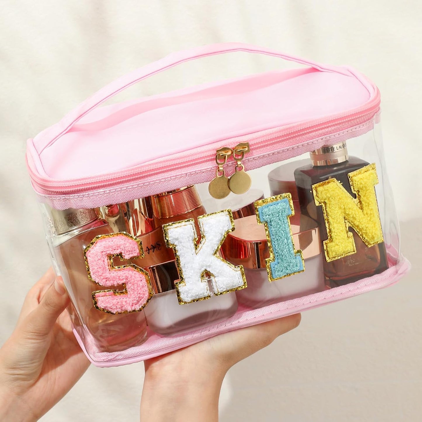 Personalized Chenille Letter Clear Hair Makeup Bag, Large Size Waterproof Nylon Cosmetic Toiletry Storage bag with Top Handle, Transparent Meds Hair Travel Organizer Cosmetic Bag(06Hair-Pink)