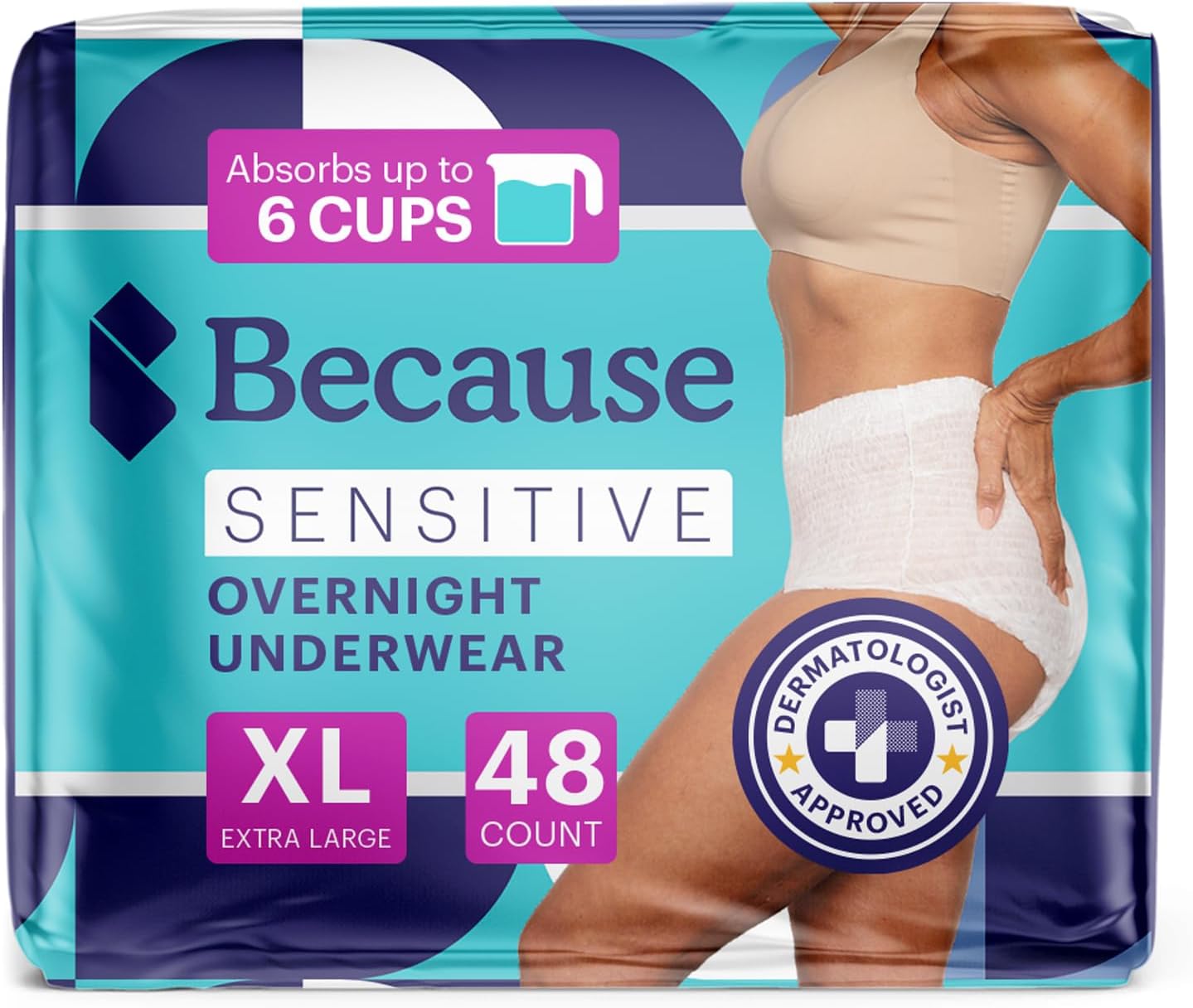 Because Adult Incontinence Underwear for Sensitive Skin - Women - Premium Overnight Disposable Briefs, Anti Odor - White, X-Large - Absorbs 6 Cups - 48 Count (4 Packs of 12)