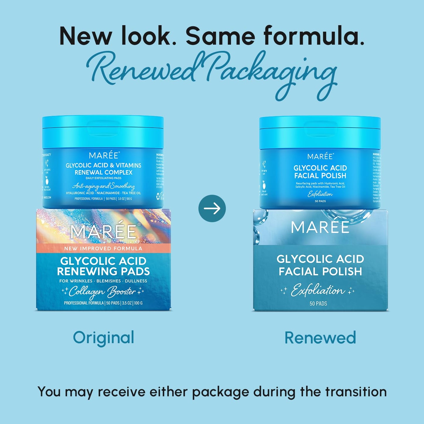 MAREE Glycolic Acid Pads - Toner Pads for Face Cleansing - Exfoliating Pad with Tea Tree Oil, Salicylic Acid & Vitamins E, B3, B5 - Acne Clearing, Skin Pore Resurfacing & Radiance Device - 50 Count