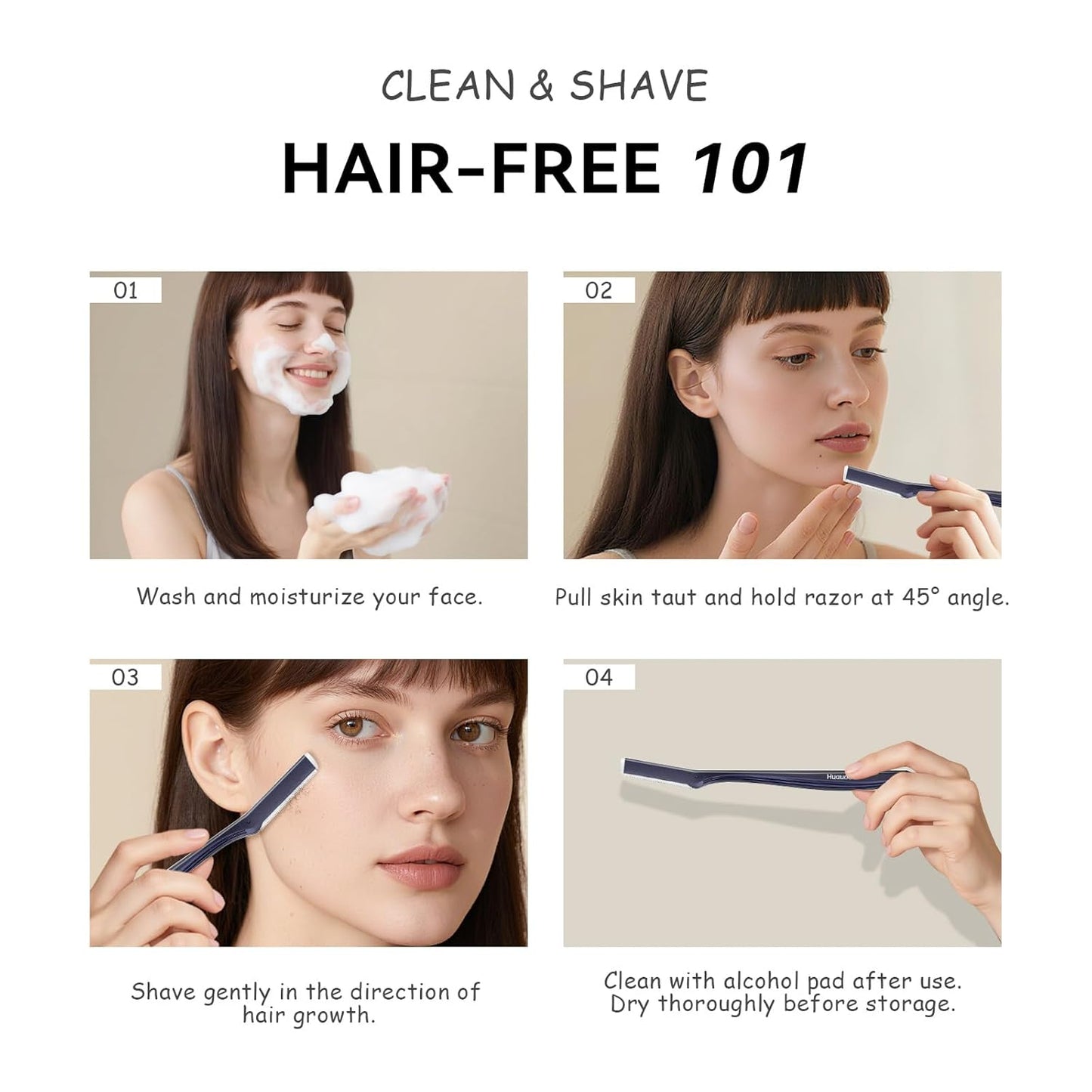 Dermaplane Razor for Women Face, Stainless Steel Handle with 6 Replaceable Blades, Huauoo Face Razors for Women, Peach Fuzz Remover, Eyebrow Trimmer, Dermaplaning Tool for Face Exfoliation (Navy Blue)