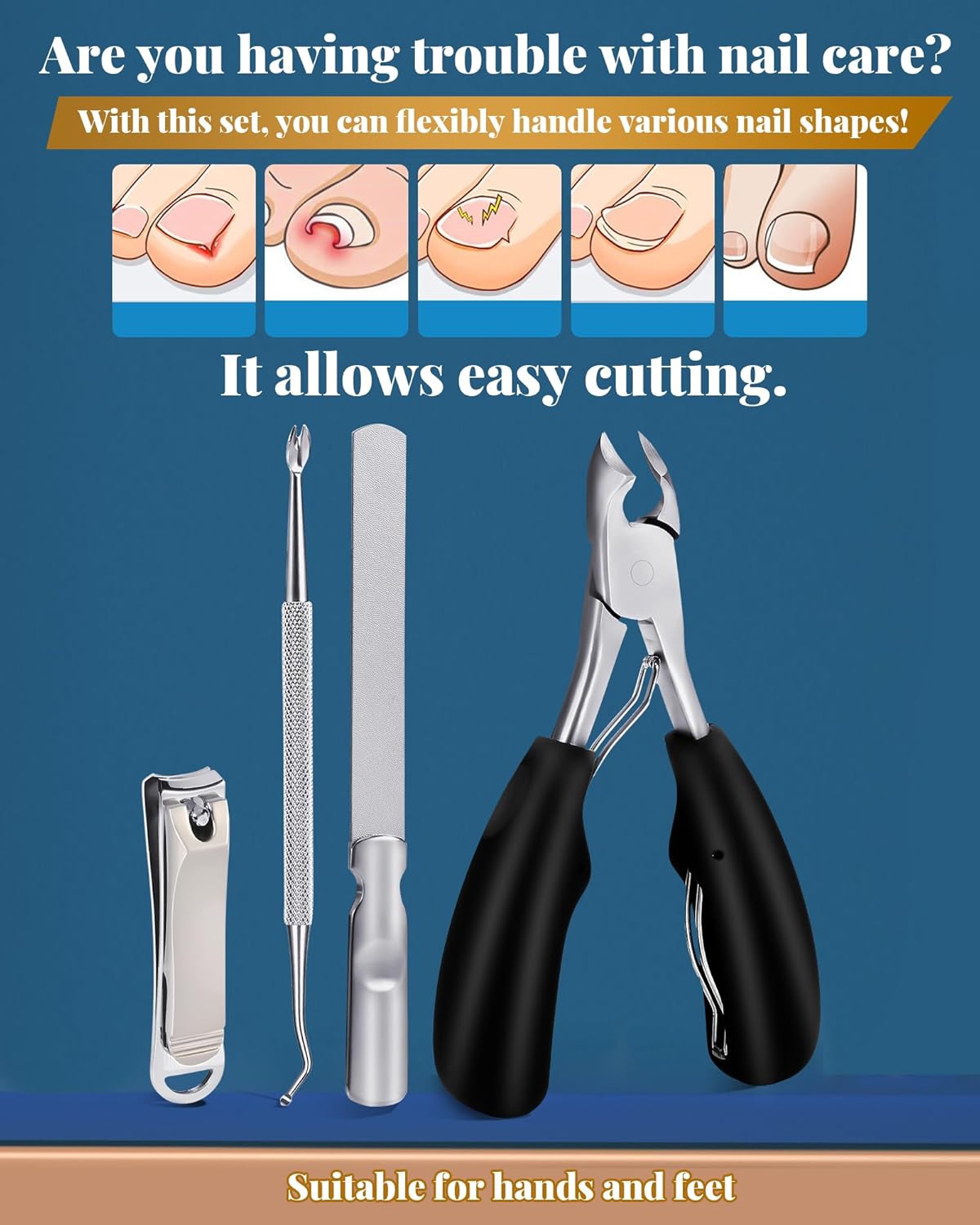 Nail Clippers Set,Toe Nail Clippers for Ingrown & Thick Toenails,Toe Nail Clippers for Thick Nails for Seniors Men Women,Professional Heavy Duty Toenail Clippers with Stainless Steel 4Pcs (Black)