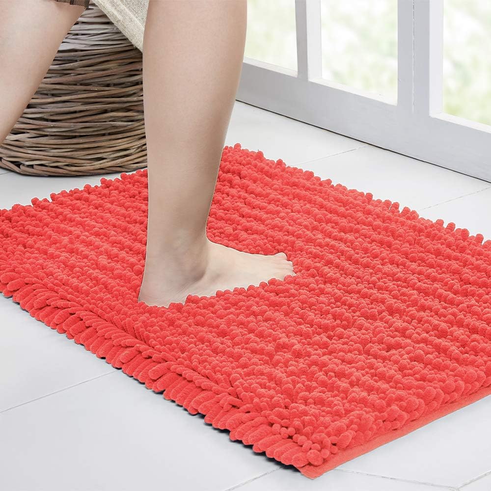 Walensee Large Bathroom Rug Non Slip Bath Mat (72x24 Inch Coral) Water Absorbent Super Soft Shaggy Chenille Machine Washable Dry Extra Thick Perfect Absorbant Best Plush Carpet for Shower Floor
