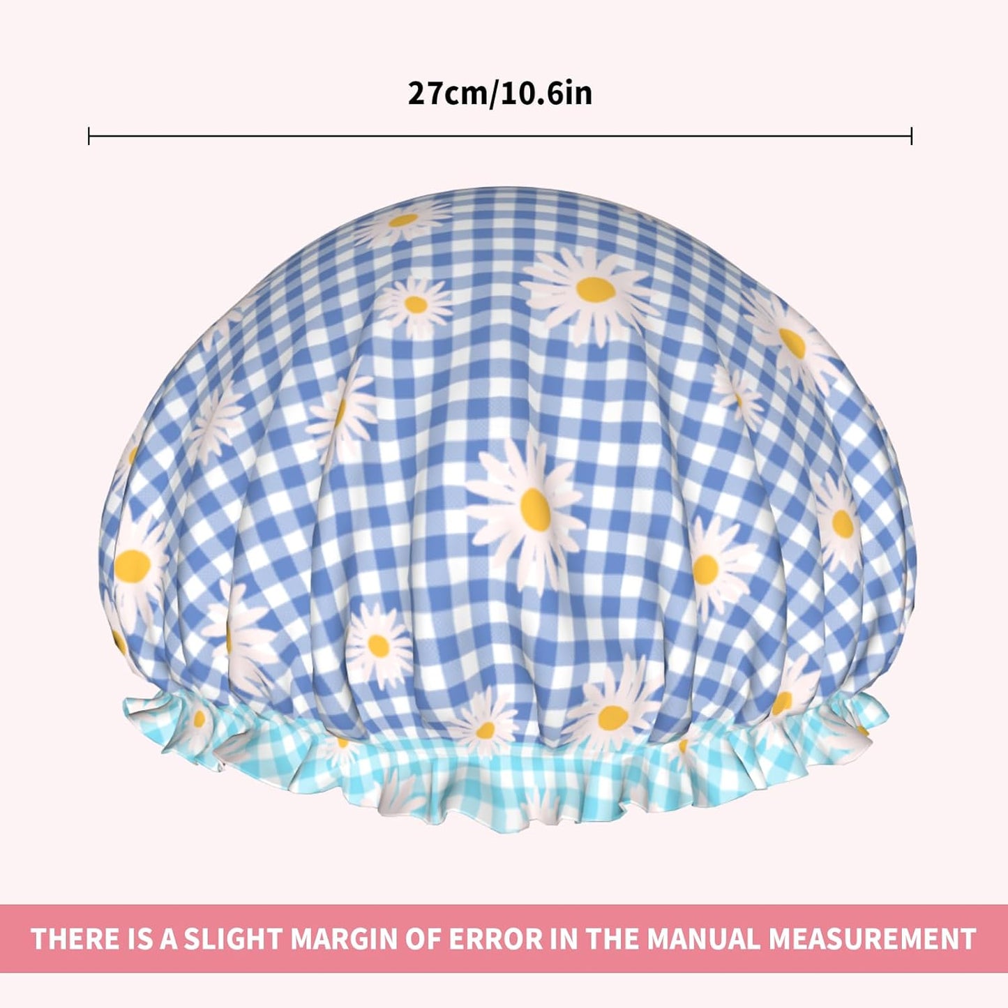 Blue Checkered Shower Caps for Women Daisy Flower Double Waterproof Layers Bath Hat Elastic Reusable Hair Cap for Shower Cooking Clean Makeup