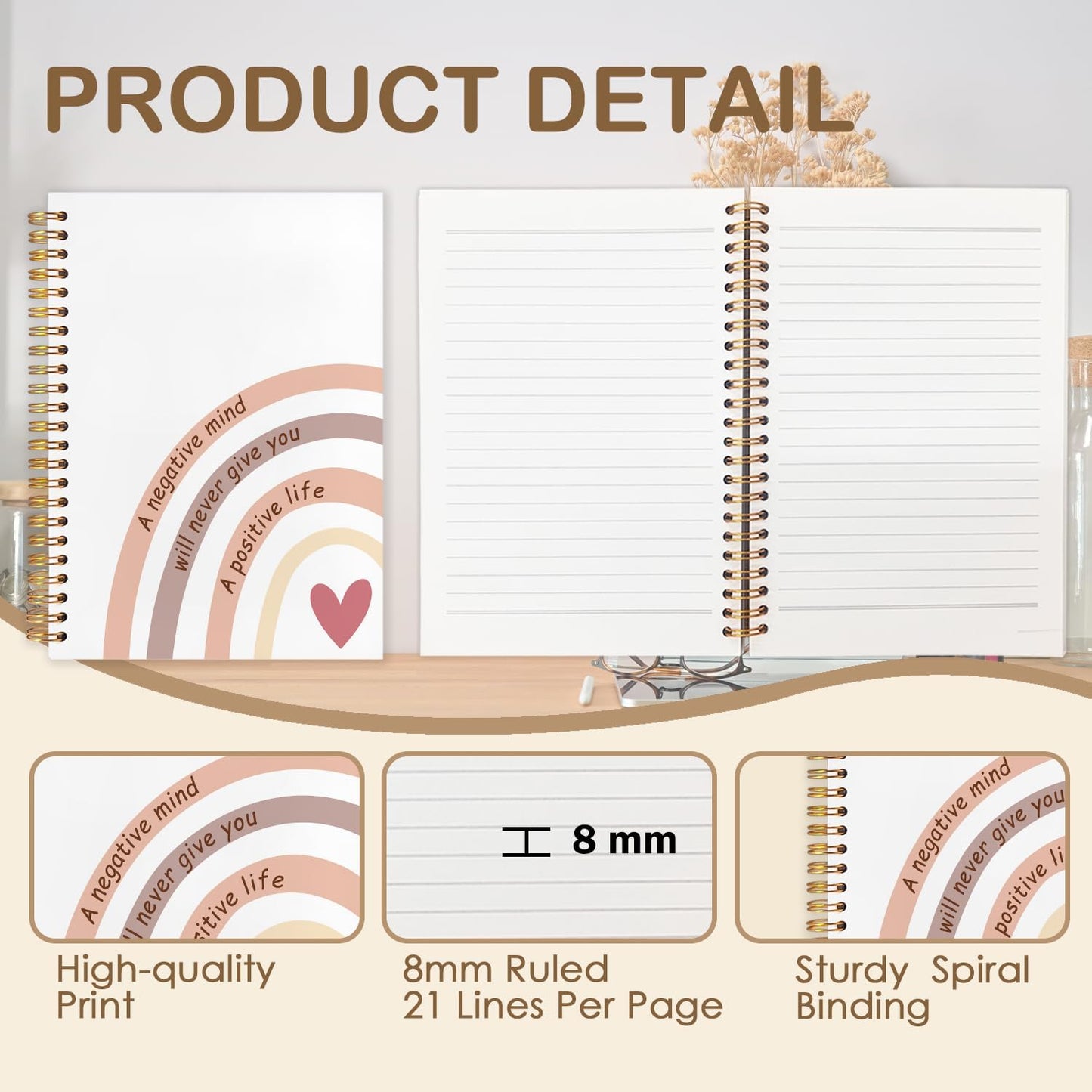 Boho Rainbow Inspirational Spiral Journal Notebook 5.5x8.3in, Affirmation Journal for Women, A Negative Mind Will Never Give You a Positive Life Motivational Notebooks for Note Taking