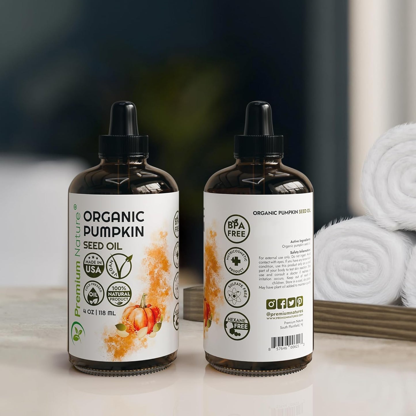 Organic Pumpkin Seed Oil Cold-Pressed Unrefined from Premium Nature, 100% Pumpkin Seed Oil for Hair Growth Pure Pumpkin Oil for Skin and Face Hair Oil Aceite de semilla de calabaza para el cabello 4oz
