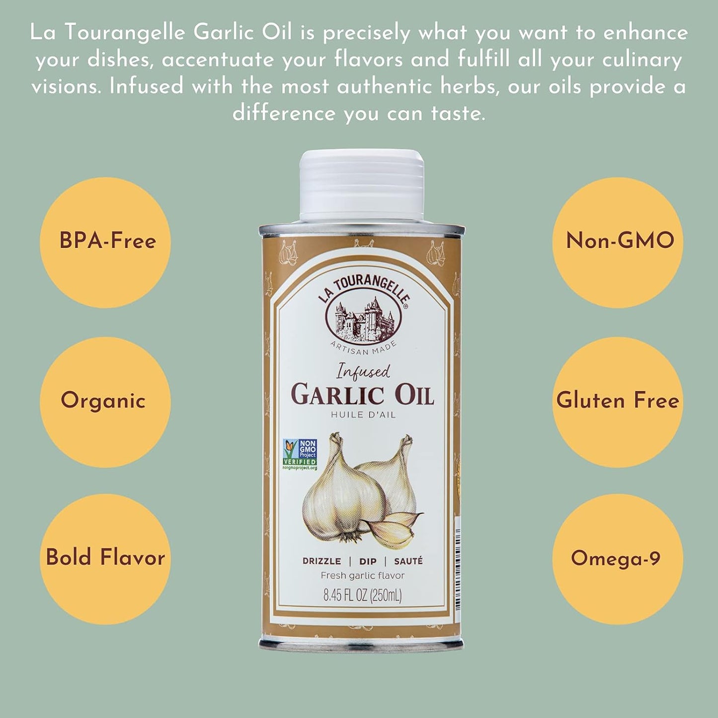 La Tourangelle, Garlic Oil, High Oleic Oil for Cooking Pastas, Salad Dressings, Drizzle on Popcorn, Irresistible Aroma and Flavor, 8.45 Fl Oz