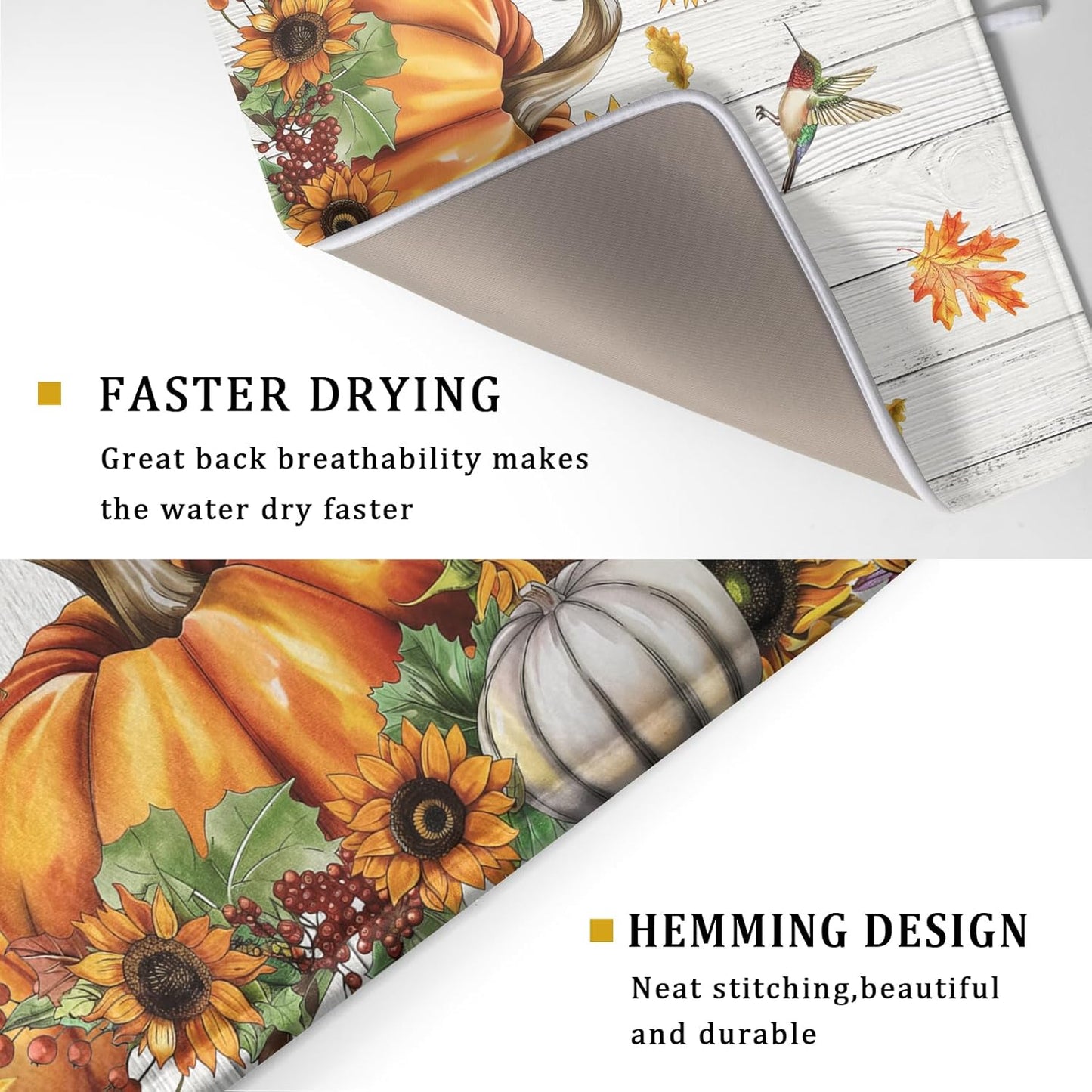 Autumn Harvest Pumpkin Dish Drying Mat for Kitchen Counter Sunflower Maple Leaves Fall Dish Drying Mat 18”x24” Thanksgiving Dishes Pad Dish Drainer Rack Mats Absorbent Fast Dry Kitchen Accessories