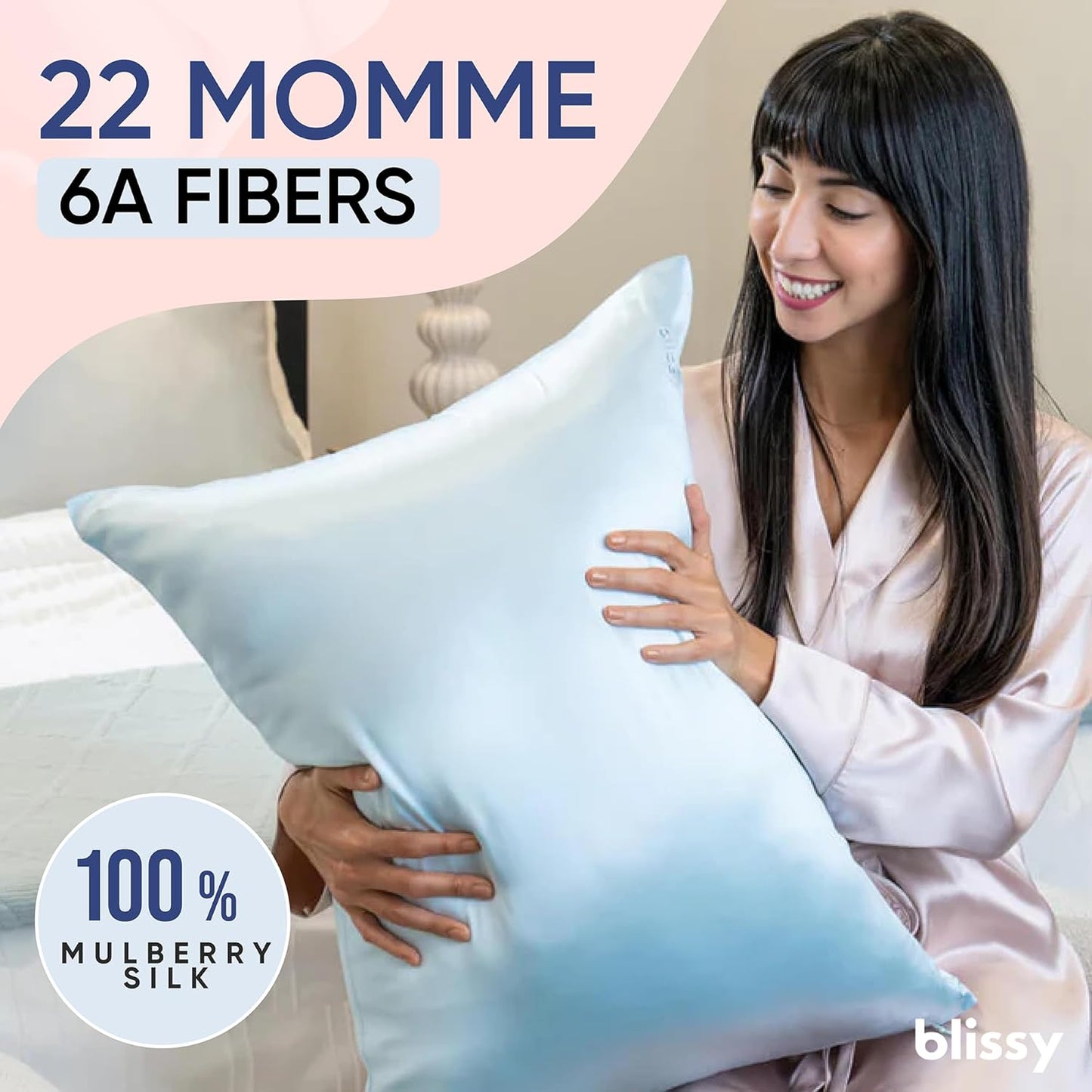 Blissy Silk Pillowcase - 100% Pure Mulberry Silk - 22 Momme 6A High-Grade Fibers - Silk Pillow Cover for Hair & Skin - Regular, Queen & King (Sky Blue, Standard)