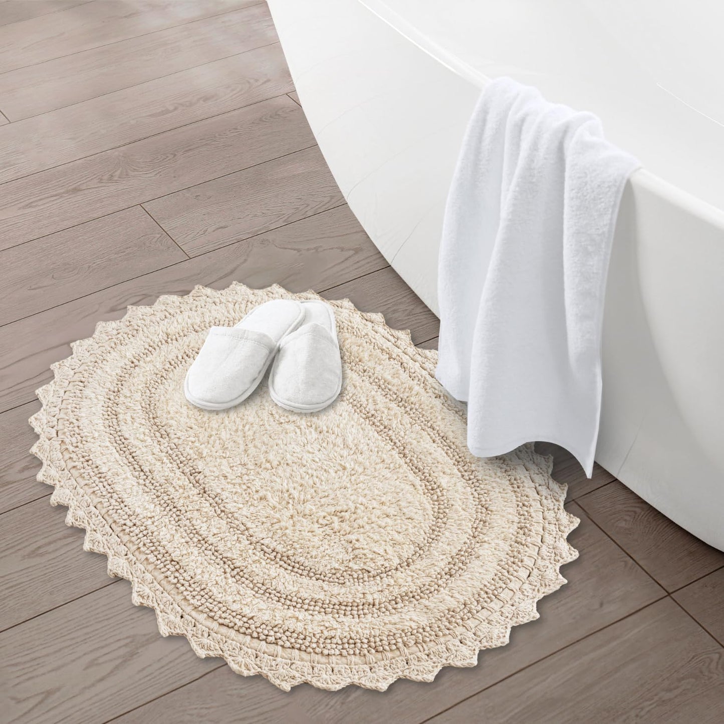 RAJRANG Bathroom Mat for Kitchen and Spa with Crochet Pattern Cotton Absorbent Soft Reversible Woven Bath Rug Shortbread Oval 34x21 Inches