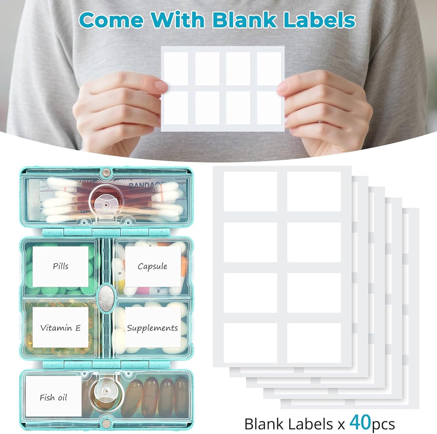 Zentiky Small Daily Pill Organizer with Labels, Medicine Pill Organizer Fit with Your Purse or Pocket for Travel to Hold Vitamin, Fish Oil, Supplement,Cotton Swabs, Bandages or Jewelry-Blue