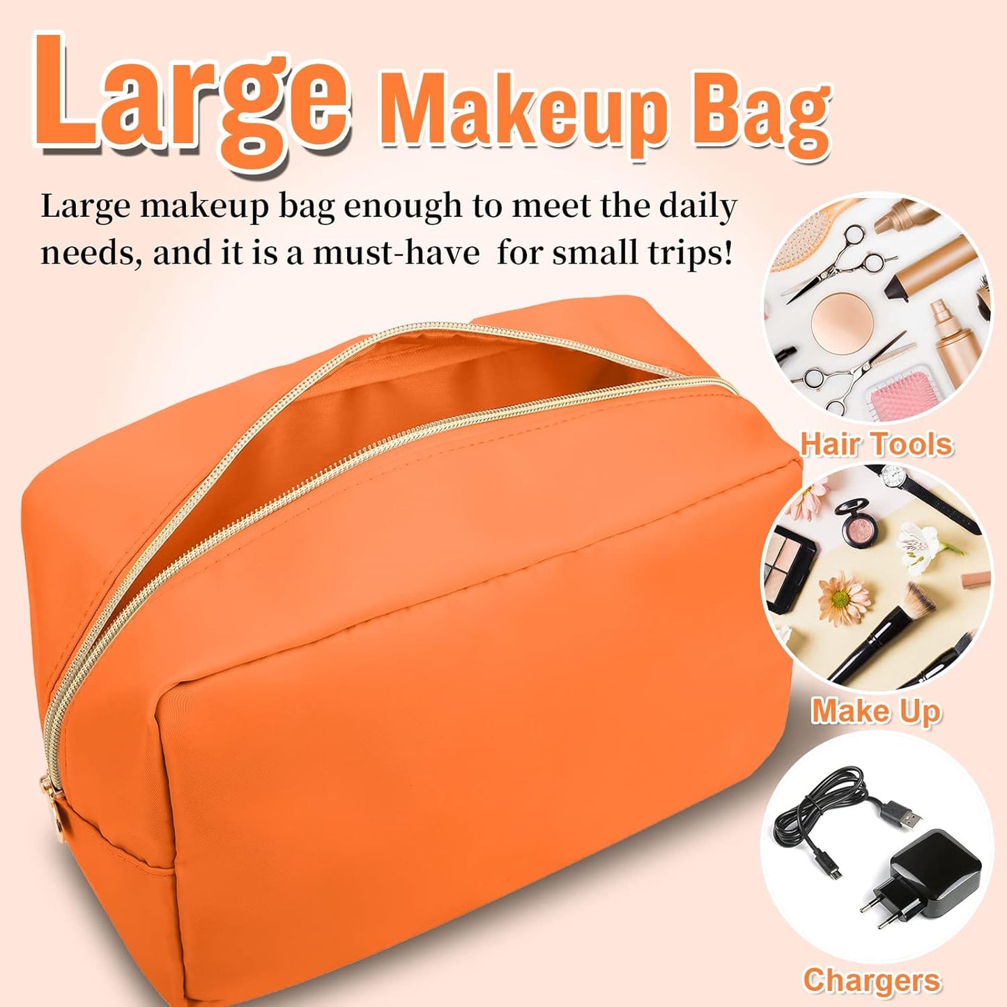 Nylon Large Makeup Bag Travel Cosmetic Bag Pouch, Preppy Big Makeup Bag Cute Cosmetic Zipper Pouch Purse, Waterproof Toiletry Bag Clutch Makeup Organizer Travel Essentials for Women Men Girls(Orange)