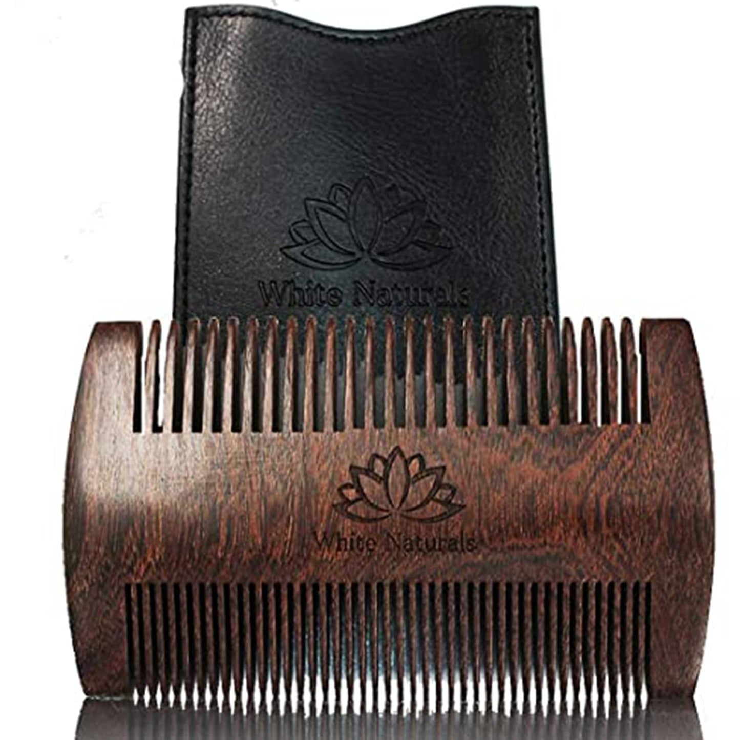 White Naturals Beard Comb for Men, Wooden Natural Sandalwood, Fine Dual Action Teeth, Handmade Premium Sandal Wood, Perfect for Balms and Oils, Includes PU Leather Case, Pocket Size