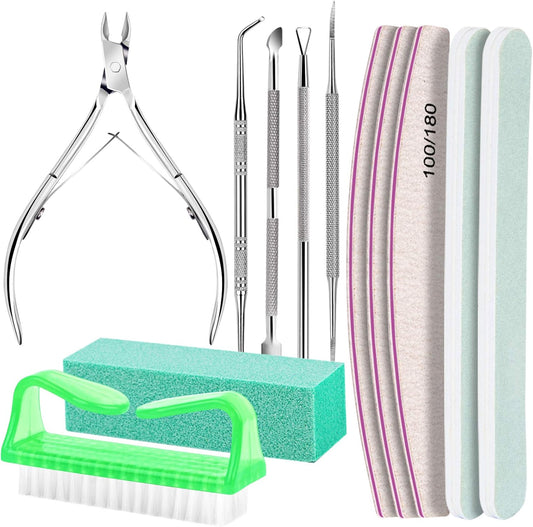 FANDAMEI Nail Tools, Nail Care Kit, Nail Files 100/180, Nail Buffer Block, Cuticle Nippers, Cuticle Pusher, Cuticle Peeler, Nail Lifter for Ingrown Toenails, Toenail File, Manicure Kit, Green