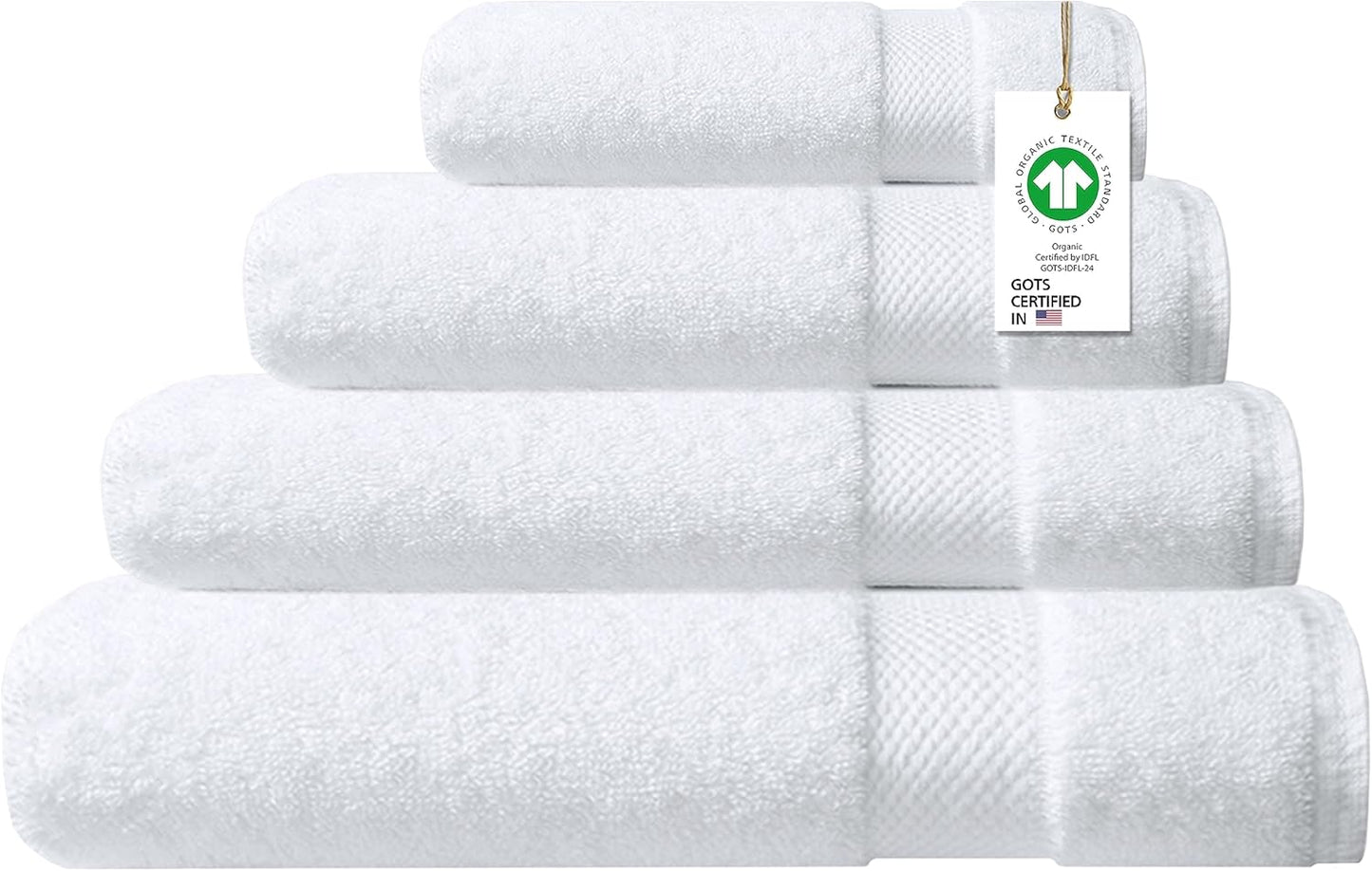 Delara 100% Organic Cotton Towel Set, 4-Piece: 1 Bath Towel, 1 Bath Sheet, 1 Hand Towel, 1 Wash Cloth - White, Quick Dry, Plush, GOTS Certified
