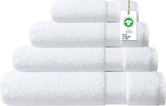 Delara 100% Organic Cotton Towel Set, 4-Piece: 1 Bath Towel, 1 Bath Sheet, 1 Hand Towel, 1 Wash Cloth - White, Quick Dry, Plush, GOTS Certified