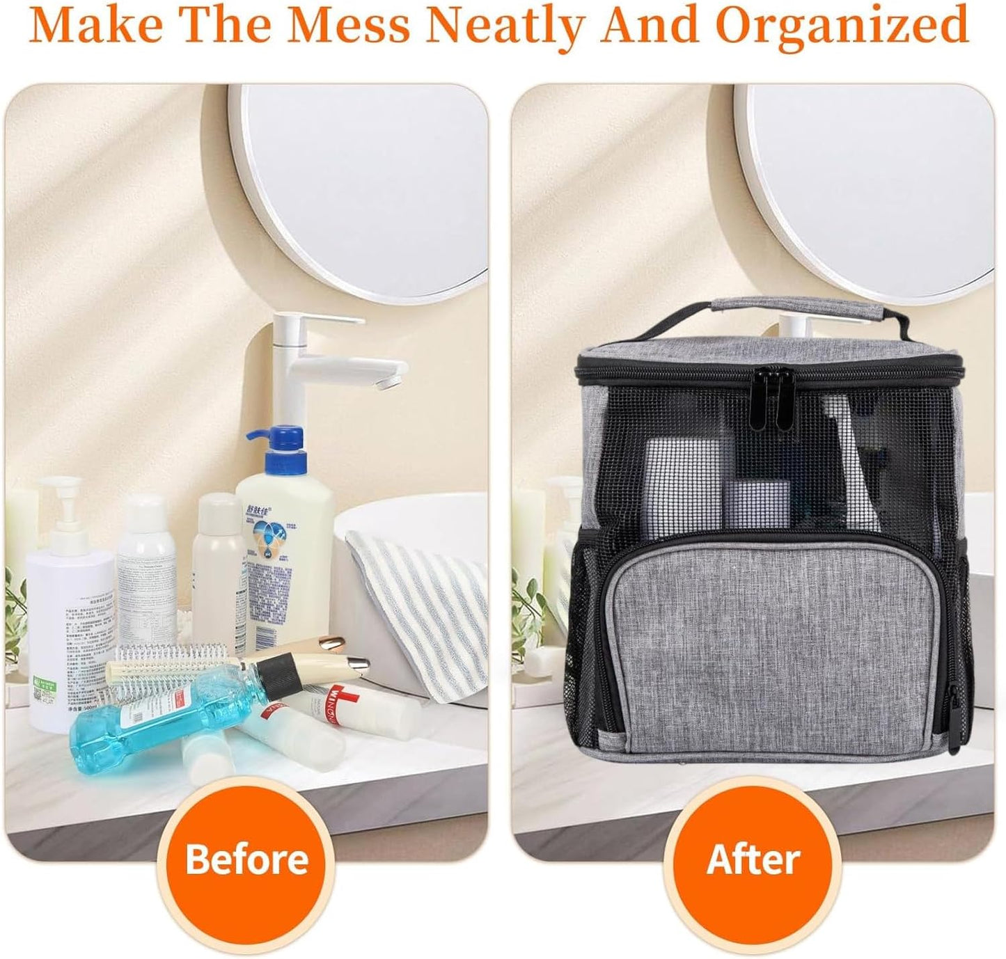 Shower Caddy Hanging Portable-Dorm Room Essentials,Waterproof Shower Bag Travel, Quick Dry- Metal Hooks Bathroom Tote Durable,Men,Women