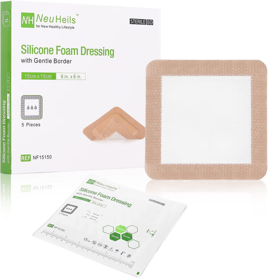 NeuHeils Silicone Adhesive Foam Dressing Bandage with Gentle Border 6 x 6 inch for Bed Sore Leg Ulcer, 5 Pack, High Absorbency Waterproof Silicone Wound Bandage for Pressure Ulcer