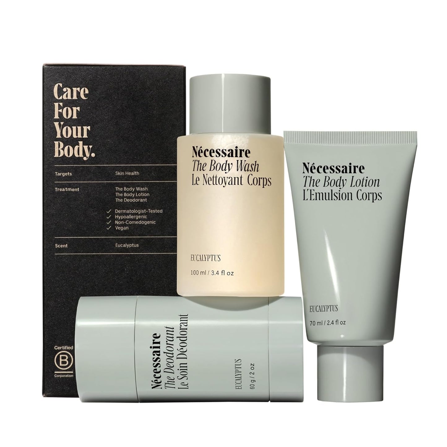 Nécessaire Eucalyptus Body Essentials Set – Travel-Size Body Wash, Body Lotion + Deodorant | For Women + Men | Dermatologist-Tested. Hypoallergenic. Vegan | Aluminum-Free Deodorant