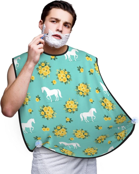 Waterproof Beard Grooming Bib, Floral Horse Roses Print Mint Green Shave Bib, Non-Stick Hair Catcher for Shaving Trimming, Apron Essential for Men Dad