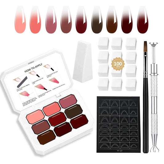 Ombre Gel Glitter Set Nails Gradient Design 9 Colors With 100pPCS Nail Sponges & Grabbing Pen High Color Rendering And Quick Drying Ombre Nails Polish Art Nail Supplies (9)