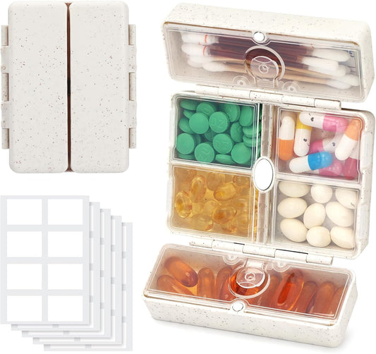 Zentiky Small Daily Pill Organizer with Labels, Medicine Pill Organizer Fit with Your Purse or Pocket for Travel to Hold Vitamin, Fish Oil, Supplement,Cotton Swabs, Bandages or Jewelry-Beige