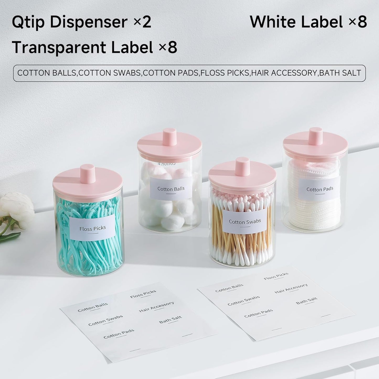 TIPGO Glass Qtip Holder Dispenser for Bathroom - 10 oz Clear Canister Apothecary Jar for Cotton Swabs, Balls, Pads, Floss Picks, Small Containers for Makeup Storage Organizer (2 Pack, Pink)