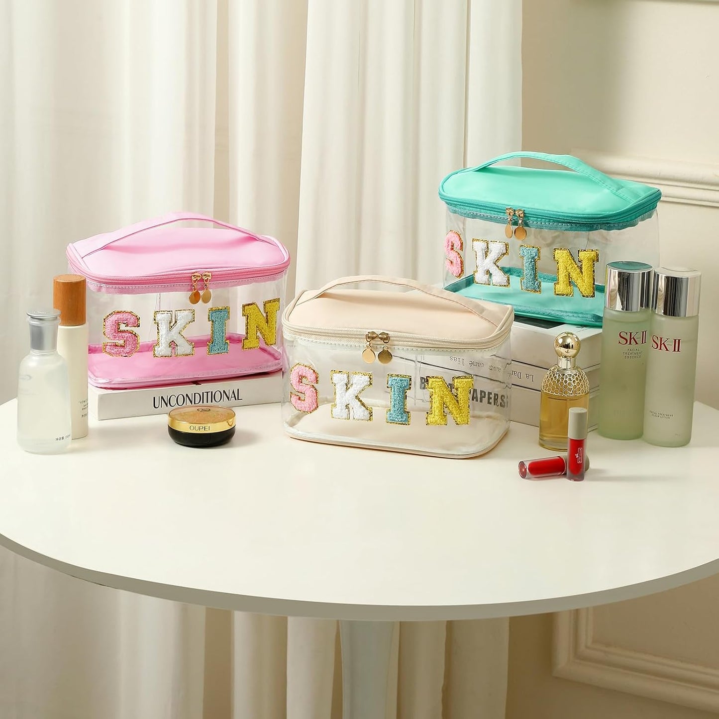 Personalized Chenille Letter Clear Skin Makeup Bag, Large Size Waterproof Nylon Cosmetic Toiletry Storage bag with Top Handle, Transparent Meds Skin Travel Organizer Cosmetic Bag(08Skin-Green)