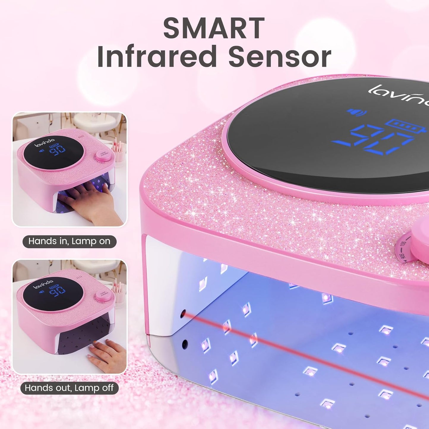 Lavinda 54W UV LED Nail Lamp, Professional UV Light for Gel Nails Rechargeable Cordless Nail Dryer with 4 Timer Settings & Auto Sensor, Fast Curing Gel Light for Home and Salon Use Diamond Dust Design