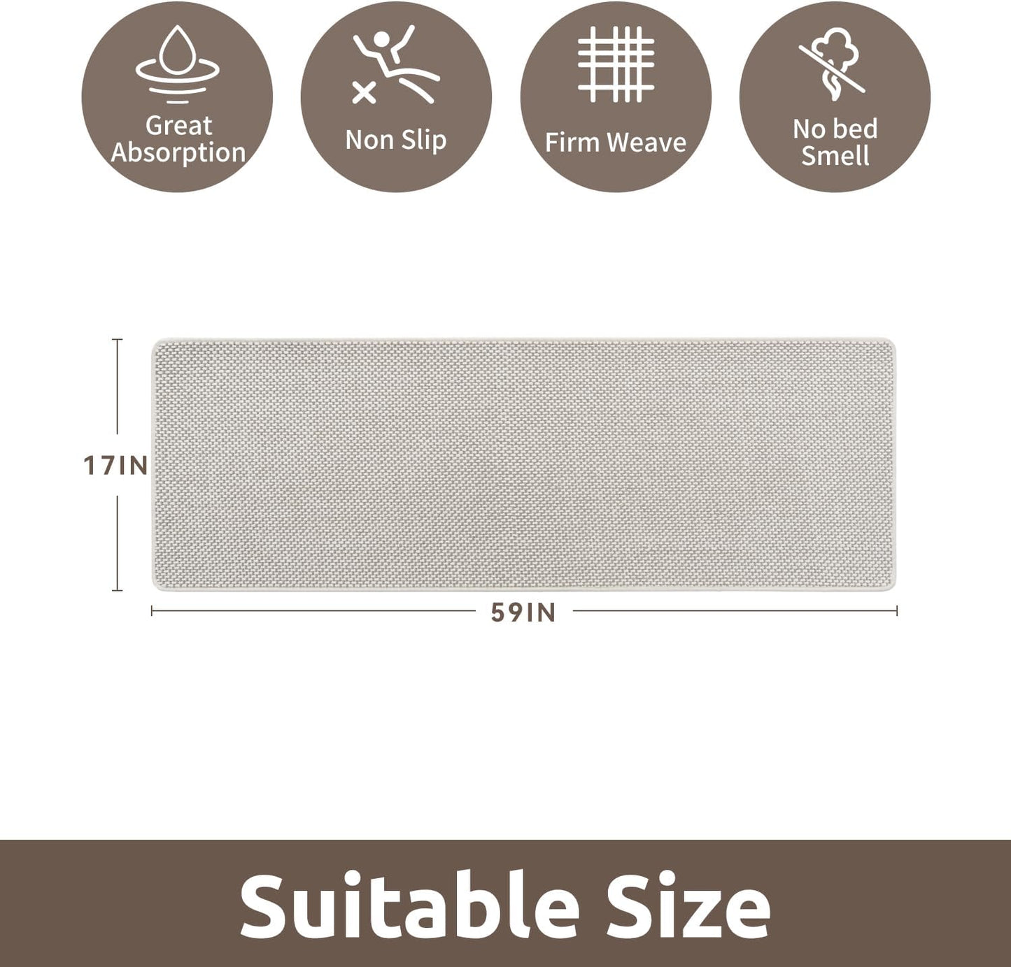 AMOAMI Chenille Bath Mat Super Absorbent Bathroom Mat Quick Dry Low Pile Bath Mats for Bathroom Washable Rubber Backed Bathroom Runners Fit Under Door, Front of Bathtub, Sink, Beige&White 17"x59"