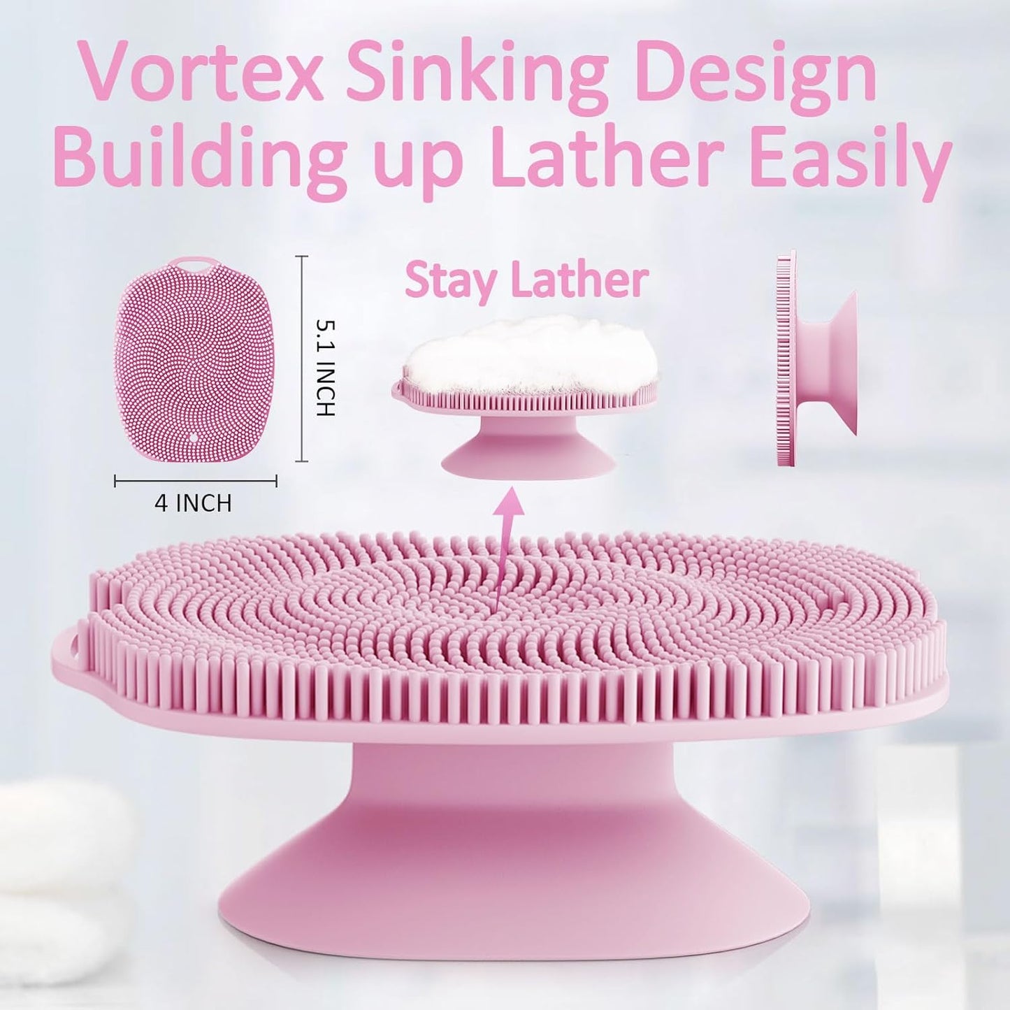Soft Silicone Body Scrubber Gentle Like a Hand Exfoliating Your Skin and Build Up Lather Easily, Back Large Suction Cup Easy to Store, Long-Lasting & Deep Clean (Pink)