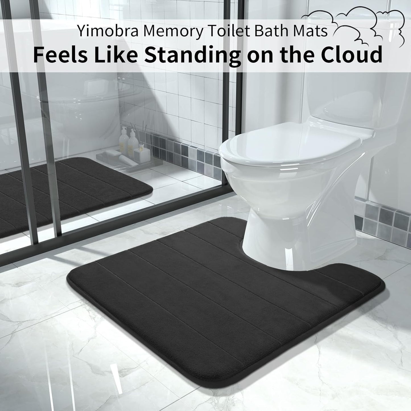 Yimobra Memory Foam Toilet Bath Mat U-Shaped, Commode Contour Rug, Soft and Comfortable, Super Water Absorption, Non-Slip, Thick, Machine Wash and Easier to Dry for Bathroom, 24 X 24 Inches, Black