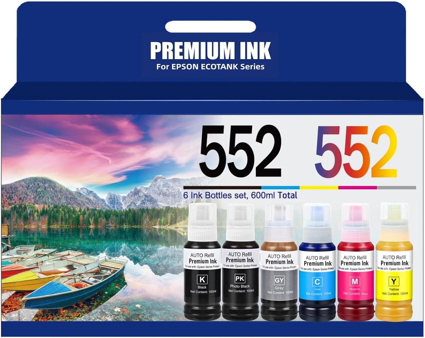 552 Ink Refill Bottles Use for EcoTank Photo ET-8550, EcoTank Photo ET-8500（BK PBK C M Y GY, 600ml）
