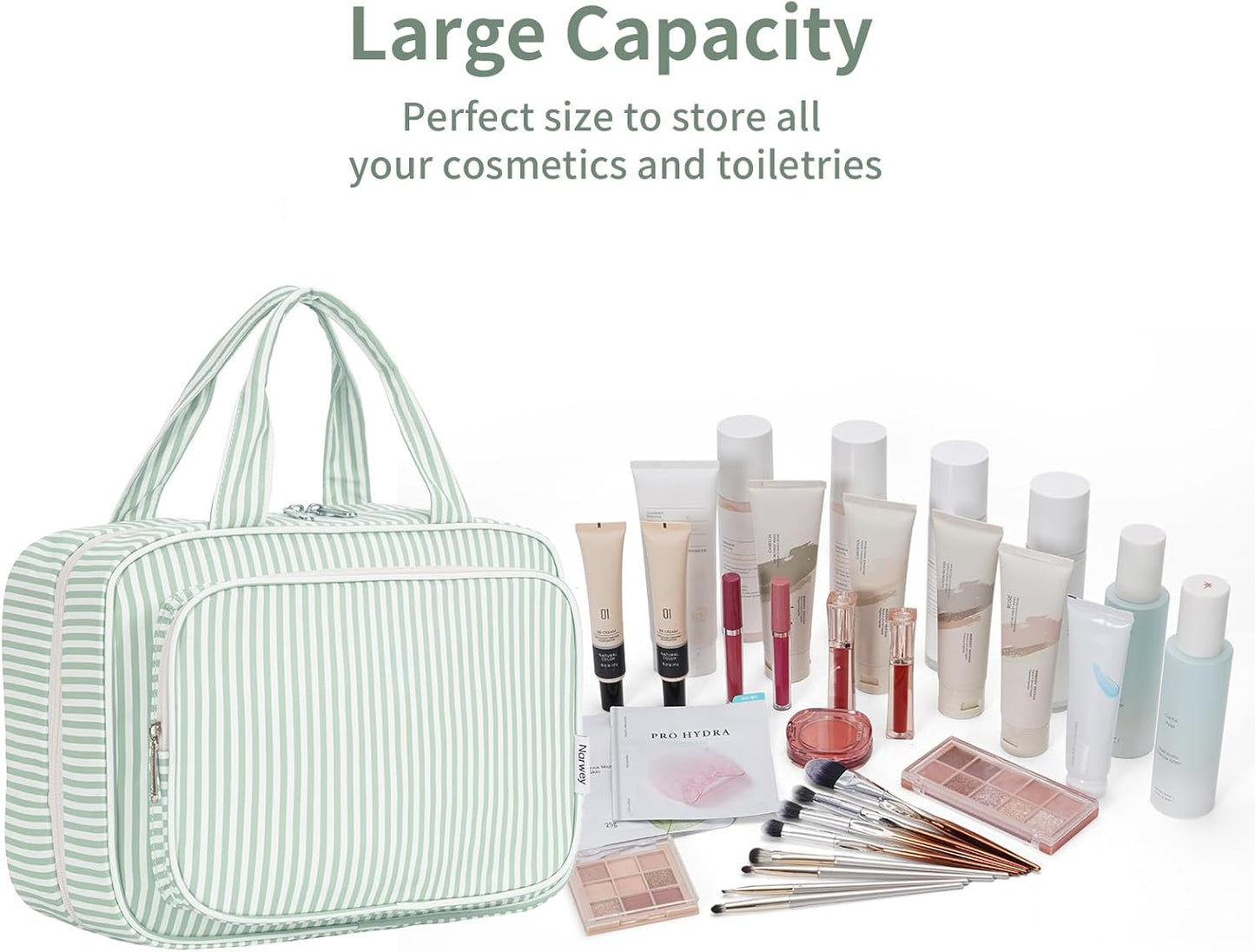 Narwey Striped Travel Toiletry Bag for Women Large Hanging Makeup Bag Organizer Toiletries Bag for Full Size Essentials Accessories Cosmetics (Mint Green Stripe (Large))