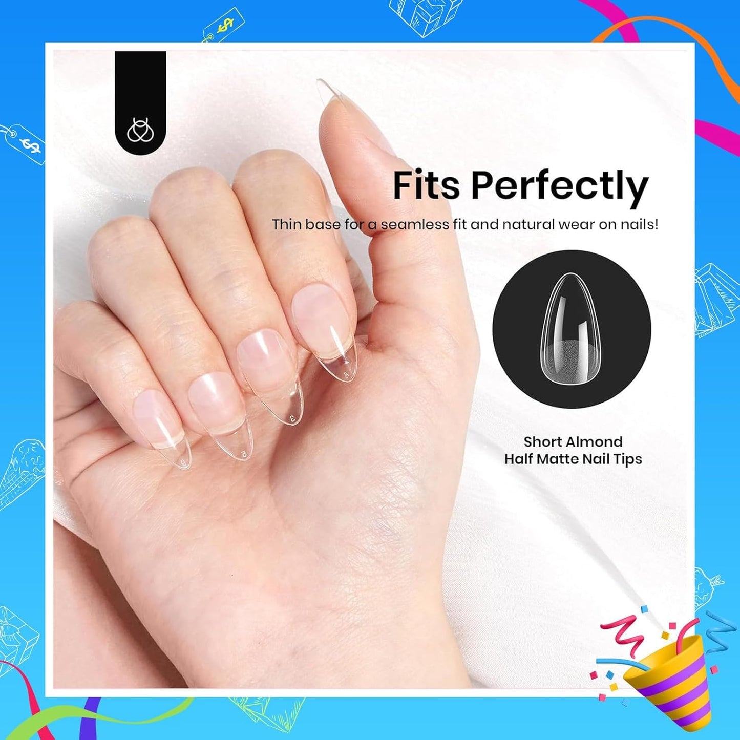 Beetles Short Almond Nail Tips: 12 Sizes 288 PCS Half Matte Full Cover Gel Tips Clear Acrylic Gel Nail Tips Almond Shape for DIY Extension