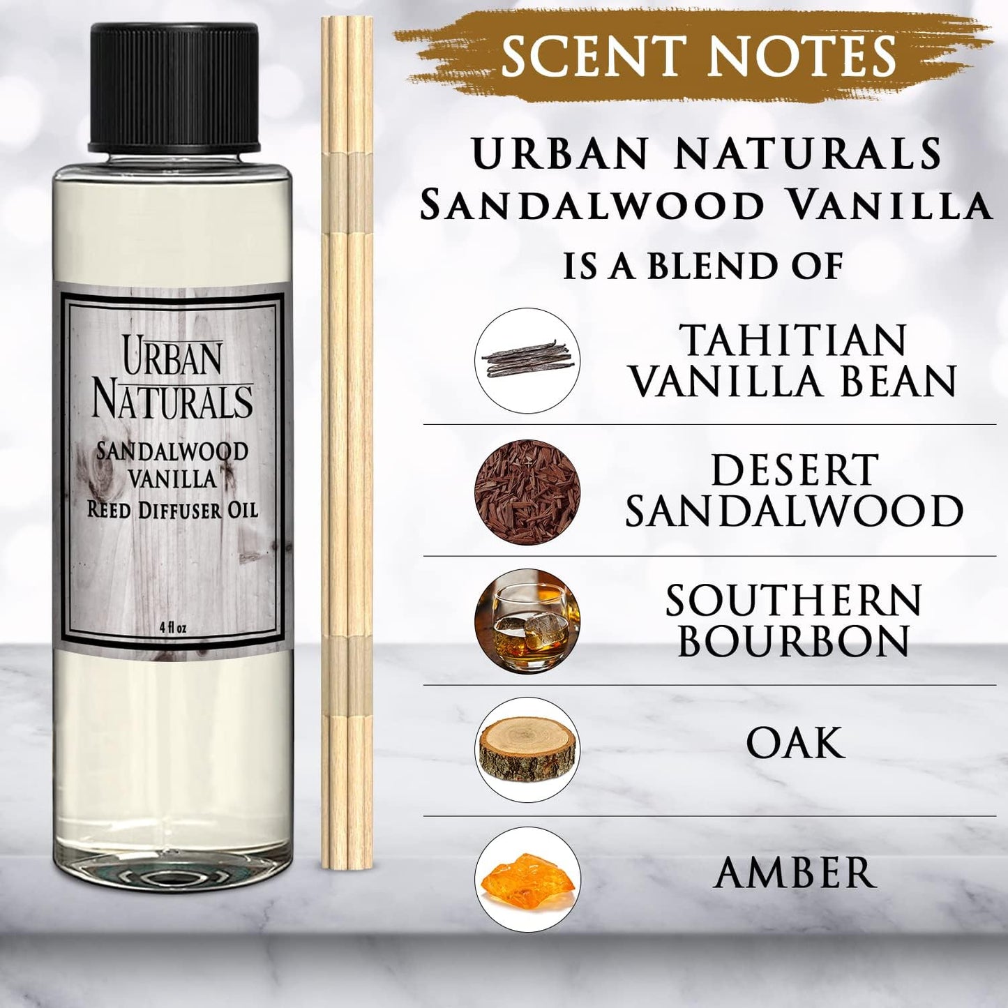 Urban Naturals Sandalwood & Vanilla Reed Diffuser Refill Set | Includes a Free Set of Reed Sticks! 4 oz | Great Gift Idea Home Fragrance Lovers!
