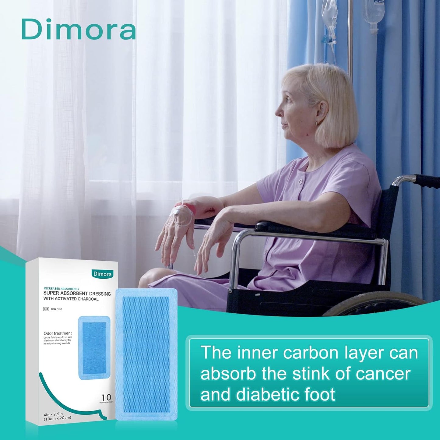 Dimora Upgrade Super Absorbent Dressing with Activated Charcoal, Superior Anti-Odor Moisture Absorpting Wound Dressing 4"x8" 10 Packs