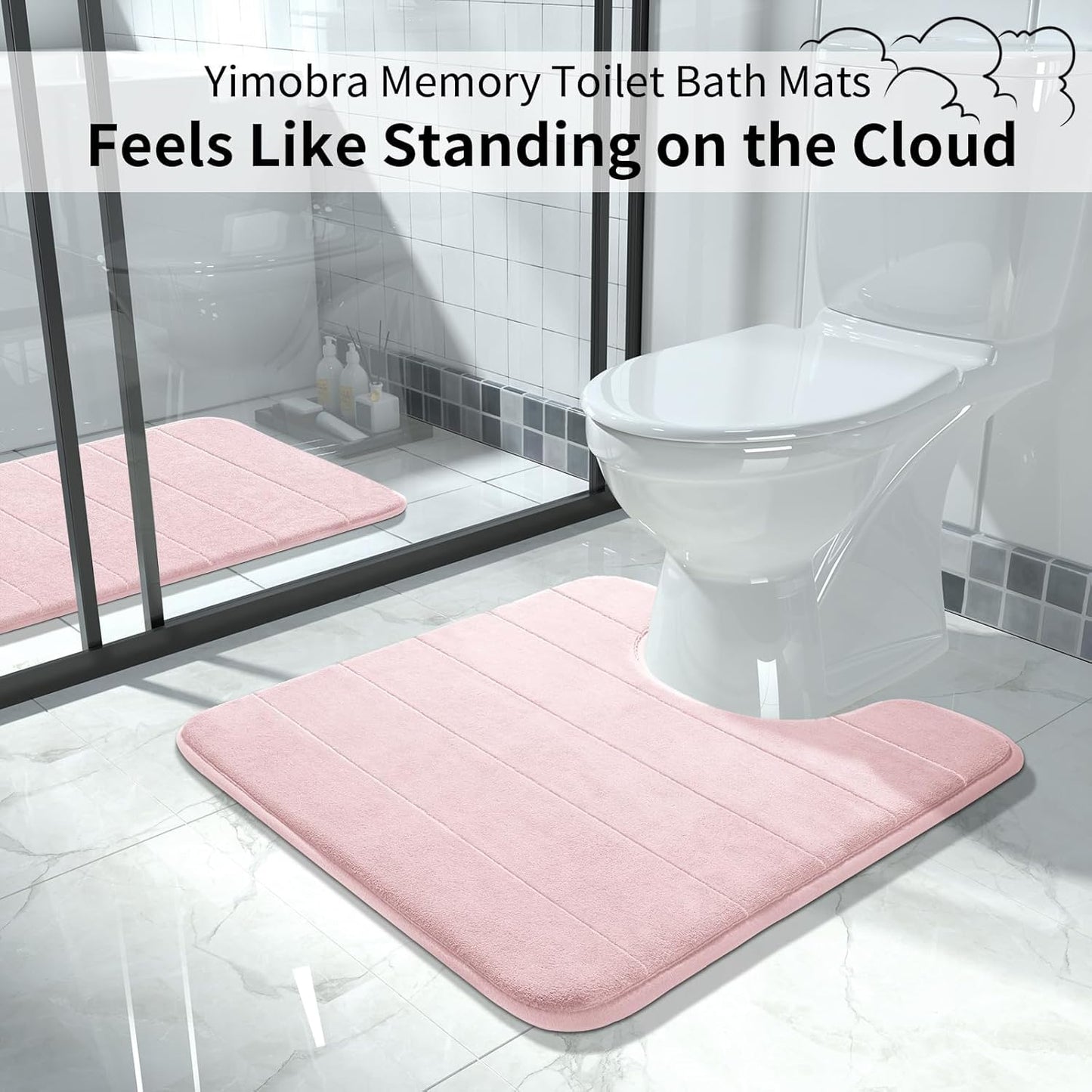 Yimobra Memory Foam Toilet Bath Mat U-Shaped, Soft and Comfortable, Super Water Absorption, Non-Slip, Thick, Machine Wash and Easier to Dry for Bathroom Commode Contour Rug, 24 X 24 Inches, Pink