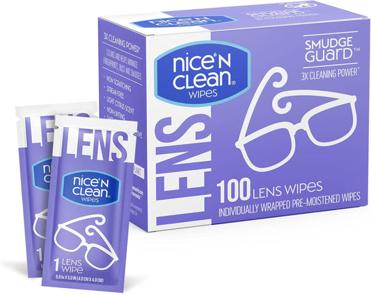Nice 'n Clean SmudgeGuard Lens Cleaning Wipes (100 Total Wipes) | Pre-Moistened Individually Wrapped Wipes | Non-Scratching & Non-Streaking | Safe for Eyeglasses, Goggles, & Camera Lens