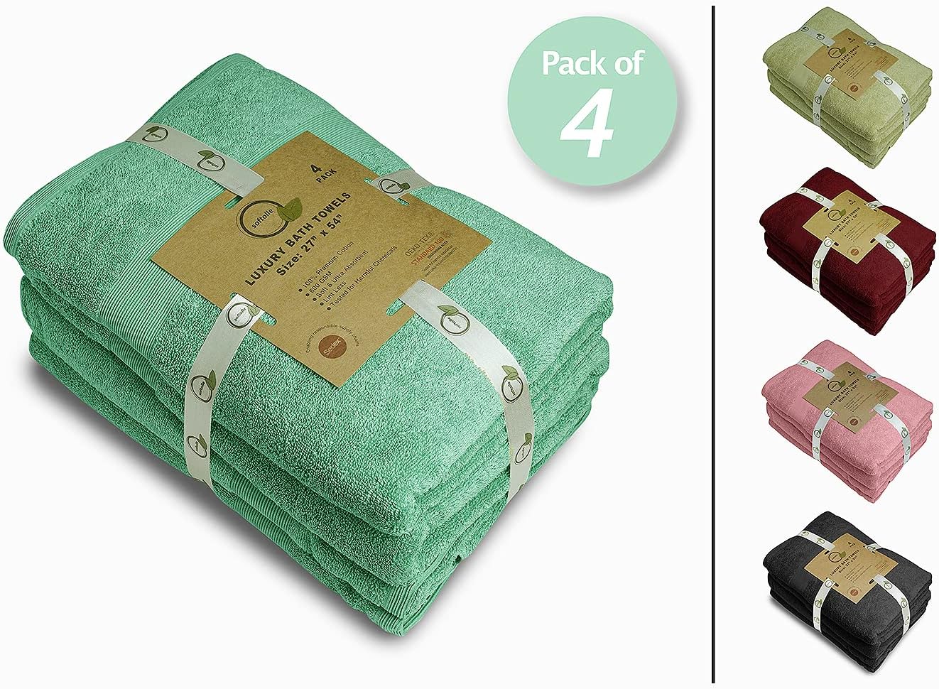 Softolle Luxury Bath Towels Set of 4 (27” x 54”) | Towels for Bathroom | Super Soft | Highly Absorbent Towels for Home, Spa, Gym (Sea Green)